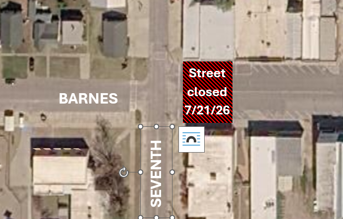 7/21/2026: Barnes Street north of the Alva Public Library, just east of the 7th St. intersection, will be closed to through traffic for an urgent water line repair/replacement beginning 7/21/2026 at approximately 6:00 am. Barring any unforeseen issues, the street will be reopened by the end of the day on 7/21/2026. Street crews will be working to repair the street prior to the beginning of school. Thank you for your patience and understanding during this important work.