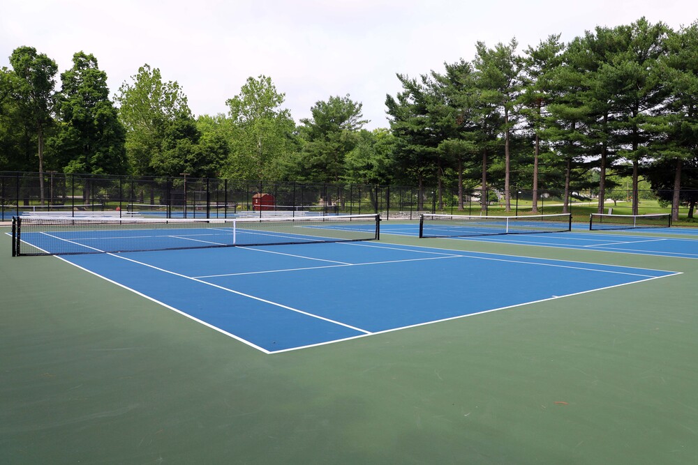 blue and green tennis courts with green trees in the background
