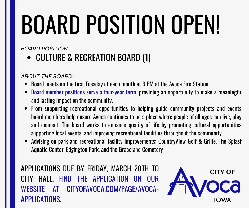 Culture Rec Board Position Open