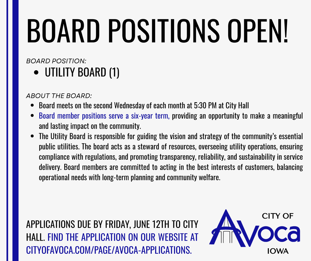 Utility Board Position Open in Avoca
