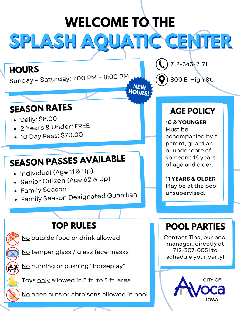 Splash Aquatic Center in Avoca 2026 Season Information