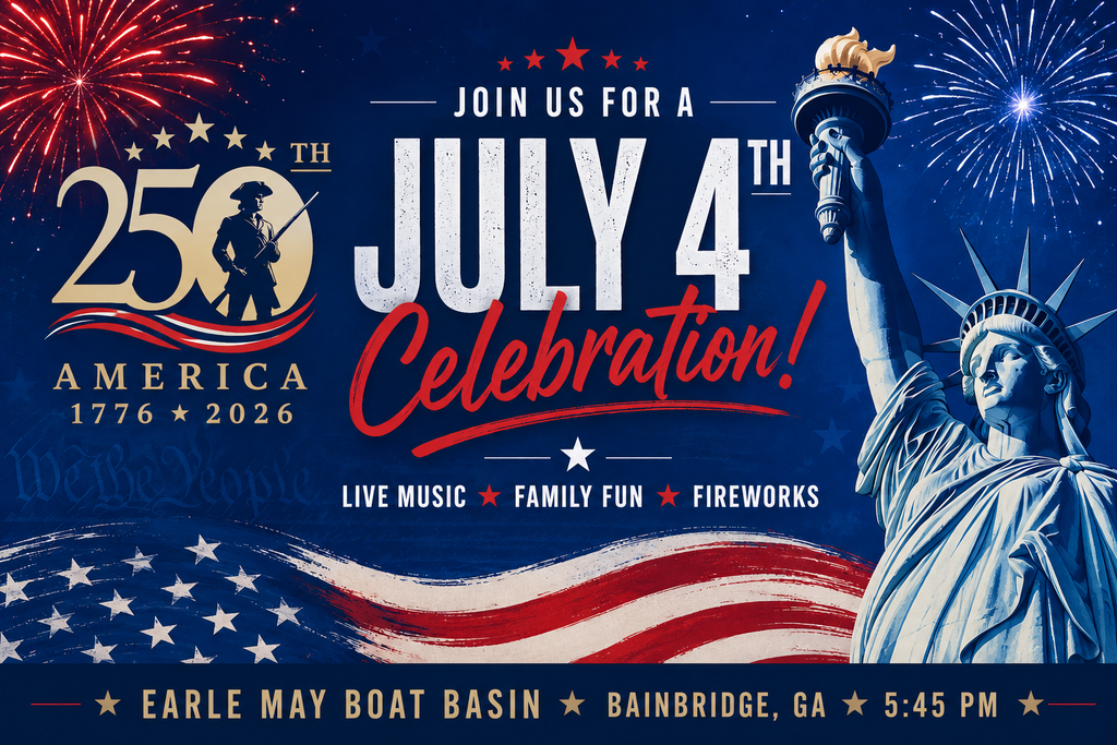 Flyer with location and time details for the July 4th celebration at the Earle May Boat Basin on July 4th at 5:45 PM