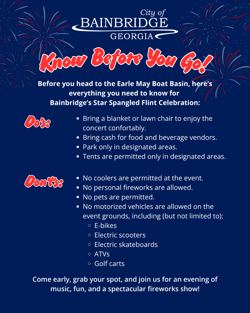 infographic featuring know before you go information for the July 4th celebration at the Earle May boat basin.