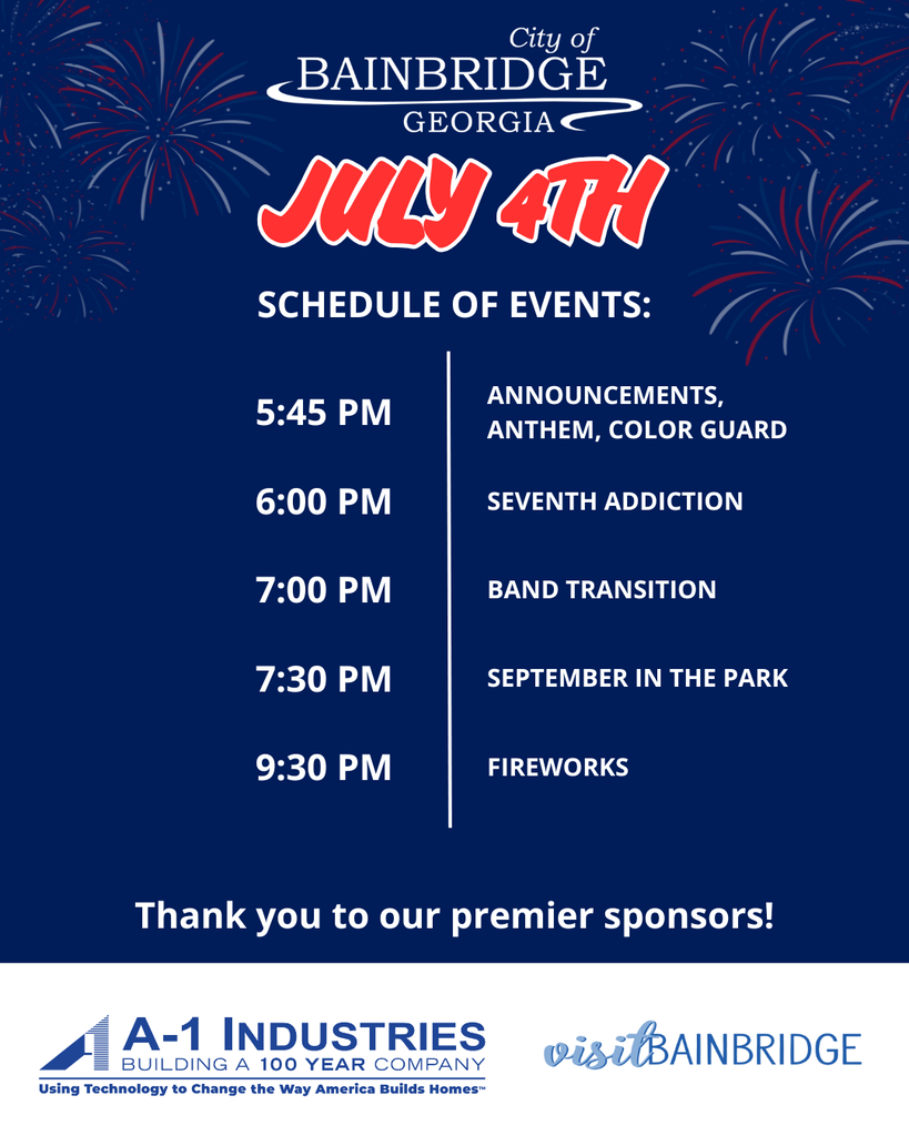 schedule of events for july 4th celebration at the Earle may boat basin. 5:45 pm stage announcements color guard and national anthem, 6 PM seventh addiction, 7 PM band transition, 7:30 Pm september in the park, and 9:30 fireworks