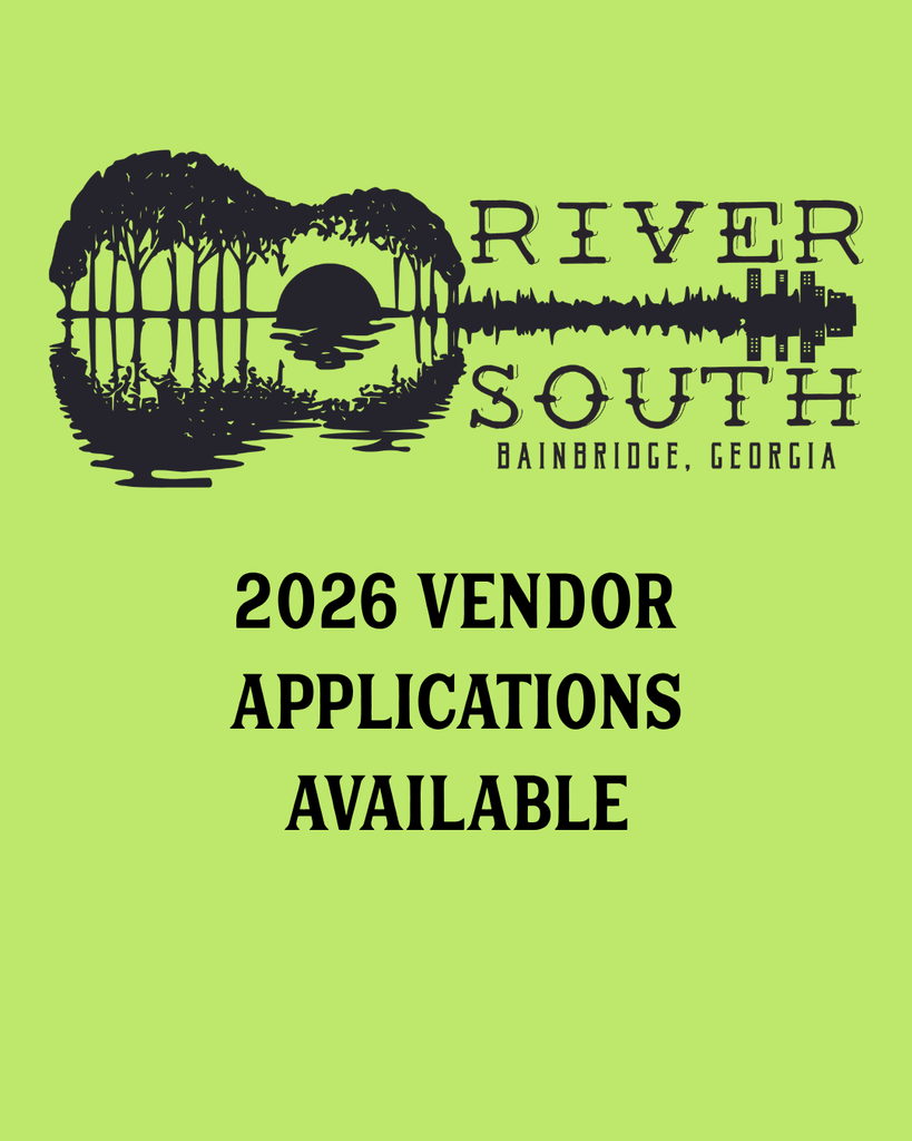 green backgroound river south logo featuring image of a guitar outline with river scene. words "2026 vendor applications available" on screen below centered 