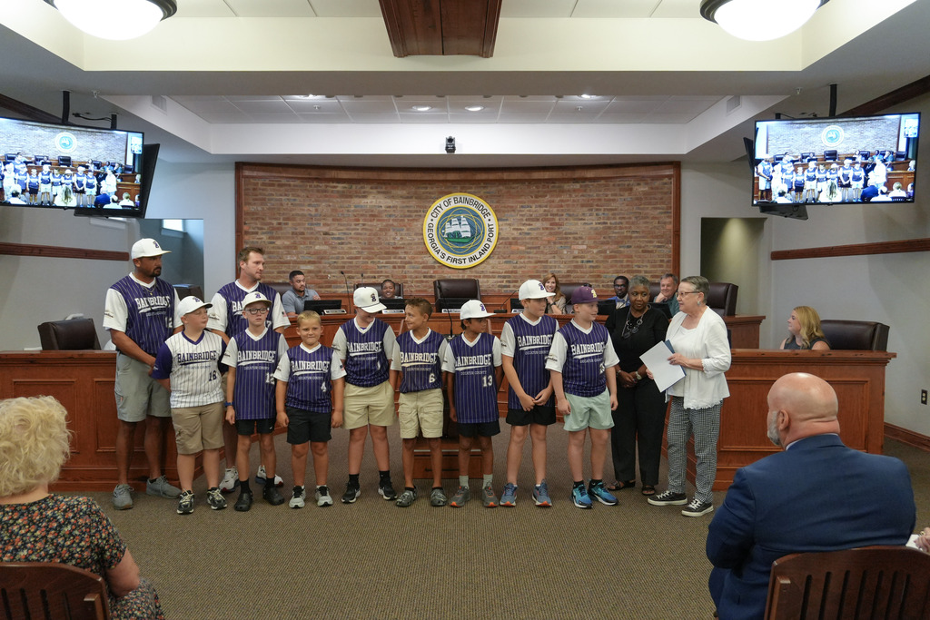 GRPA Class A/B 10U Baseball State Champion team pictured with their coaches, Mayor Sylvia Washington and Councilperson Roslyn Palmer