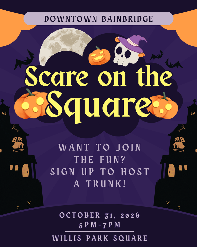 Scare on the square flyer: dark purple background with images of jack-o-lanterns, haunted houses, skulls, and bats. words on screen read: "Downtown Bainbridge Scare on the Square Want to join the fun? sign up to host a trunk October 31, 2026 5-7 PM willis park square
