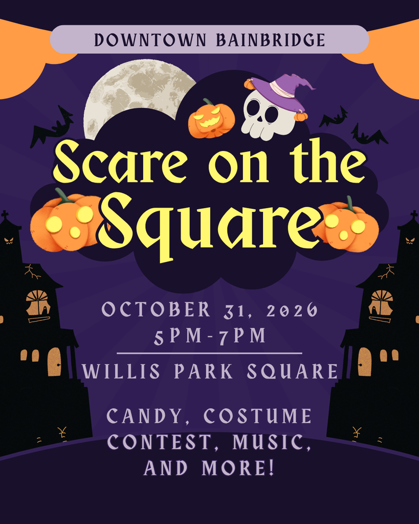 Halloween-themed invitation for Downtown Bainbridge's Scare on the Square on October 31, 2026, from 5 PM to 7 PM at Willis Park Square. The event features candy, a costume contest, music, and more. The flyer has a purple and orange background decorated with jack-o'-lanterns, bats, a full moon, a skull wearing a witch's hat, and haunted houses.