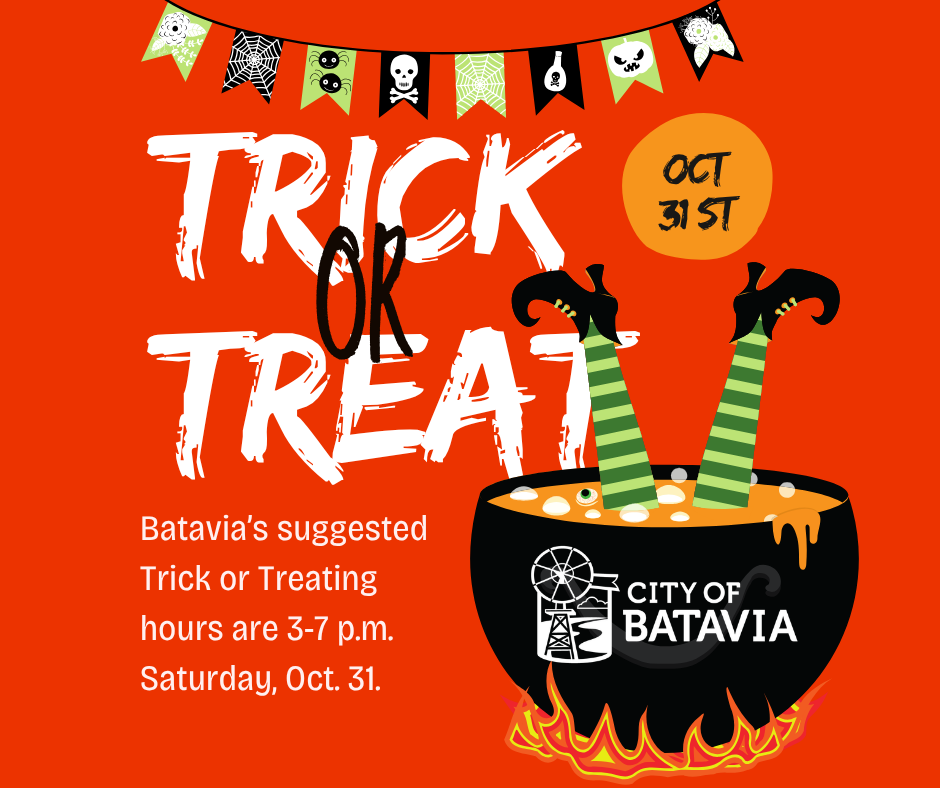 Trick or Treat, Batavia's suggested trick or treating hours are 3-7 p.m. Saturday, Oct. 31; witches black cauldron with city of batavia logo on it. 