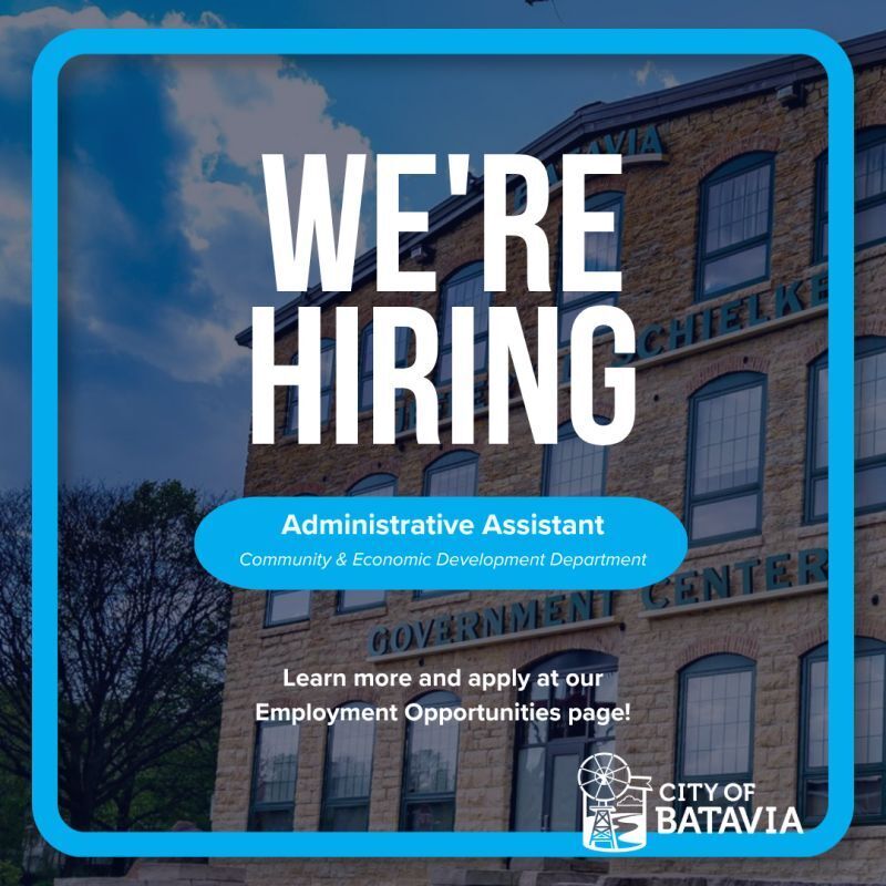 City Hall with text We're HIring an Administrative Assistant. Learn more and apply