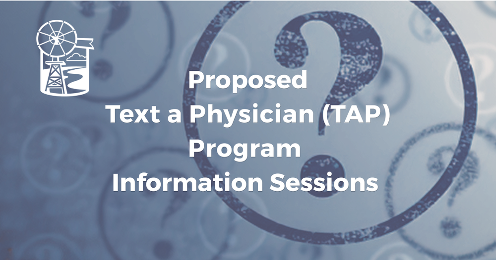question marks in background; city of batavia logo; proposed text a physician  (TAP) Program Information Sessions