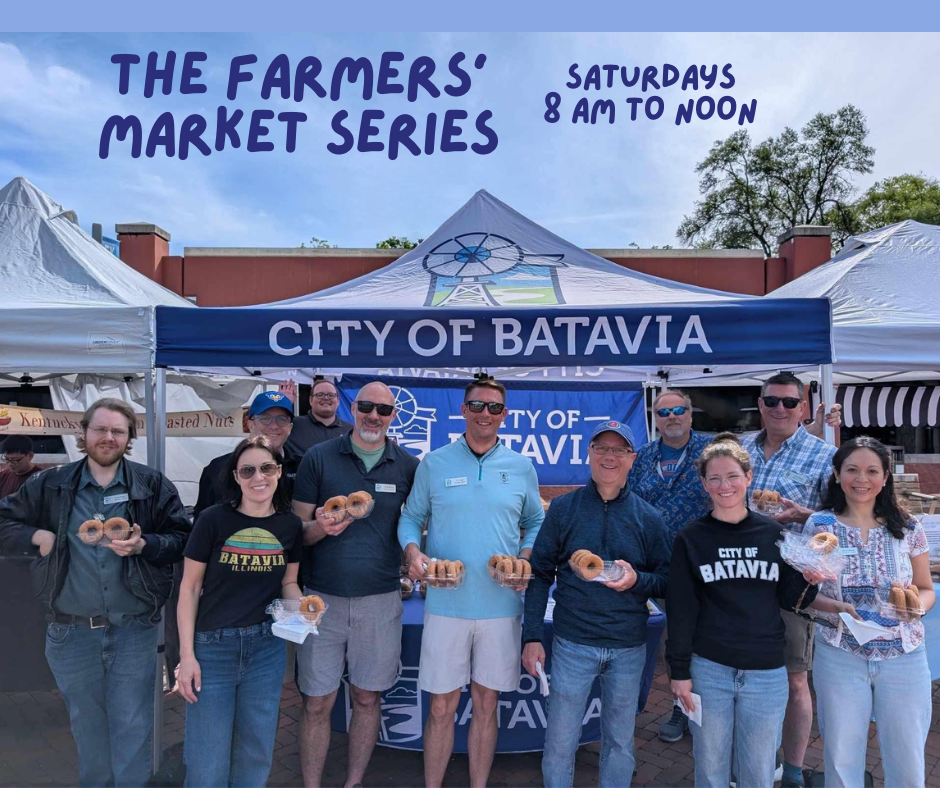 The Farmers Market Series Saturdays 8 a.m. to noon and image of city council members in front of the city's tent