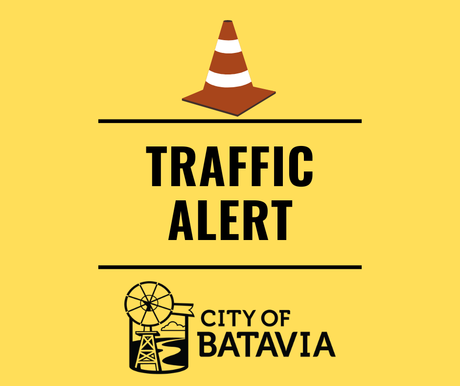 Traffic alert graphic with orange cone and city logo