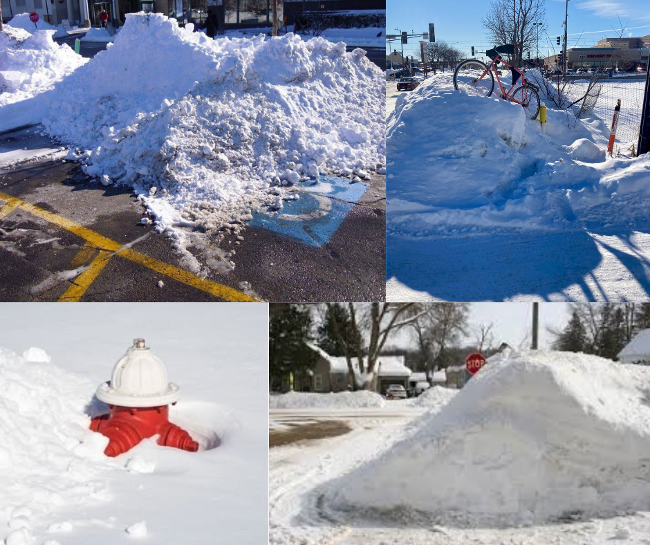 snow piled on hydrants, streets and parking lot