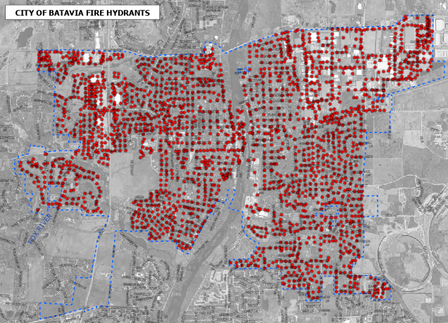 map with dots representing all the fire hydrants in Batavia
