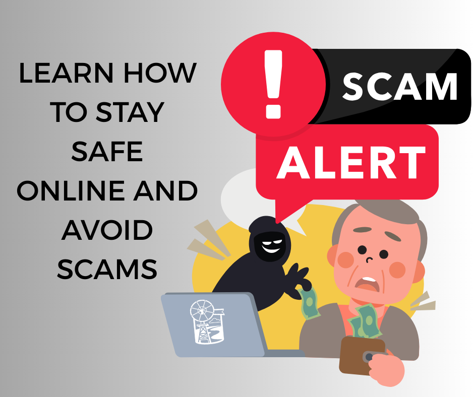 Avoid online scams illustration with computer, bandit, person with wallet