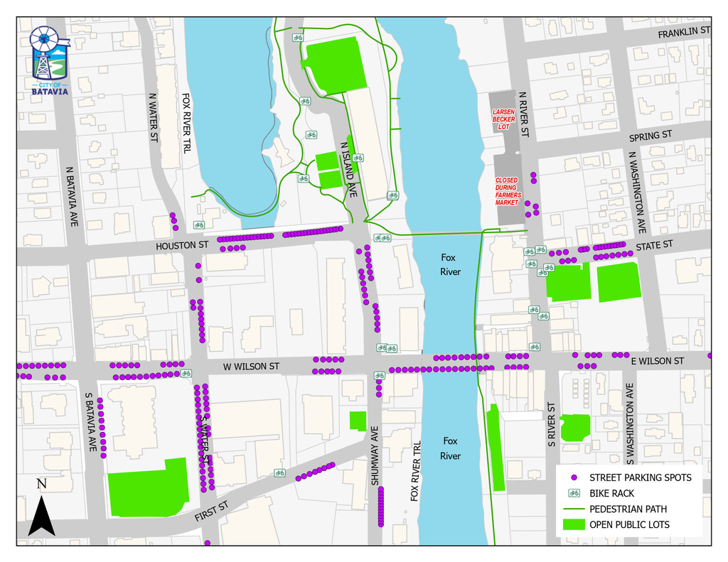 street map of downtown batavia with parking lots in green and parking spots in purple