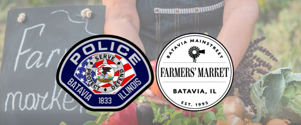 Farmers market background with batavia police department and farmers' market logos in foreground