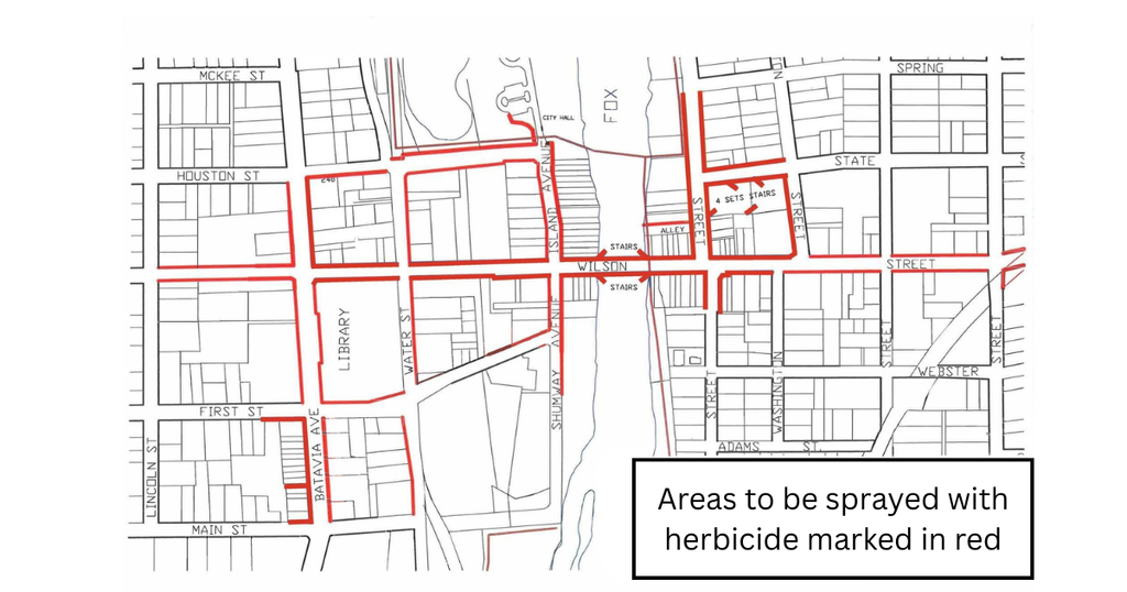 Downtown map with highlighted areas where there will be weed killer sprayed
