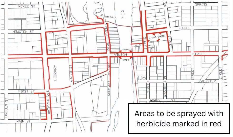 Downtown herbicide spraying areas marked on a map
