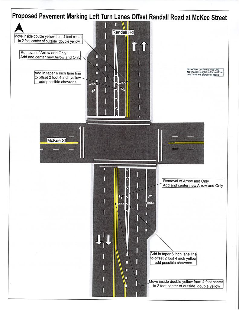 proposed pavement marking left turn offset on randal road at mckee street; drawing of randall road and mckee street with lane configuration