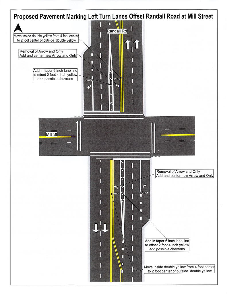 proposed pavement marking left turn lanes offset randall road at mill street. drawing of lanes with specific striping