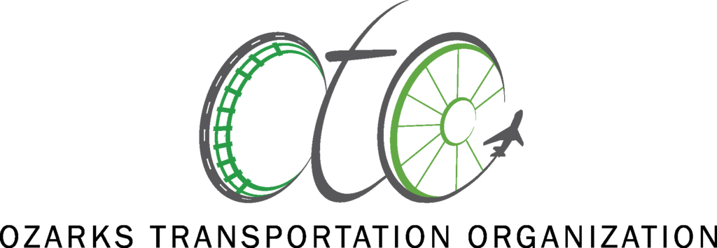 The logo for the Ozarks Transportation Organization which includes a train track, a car wheel, and an airplane.