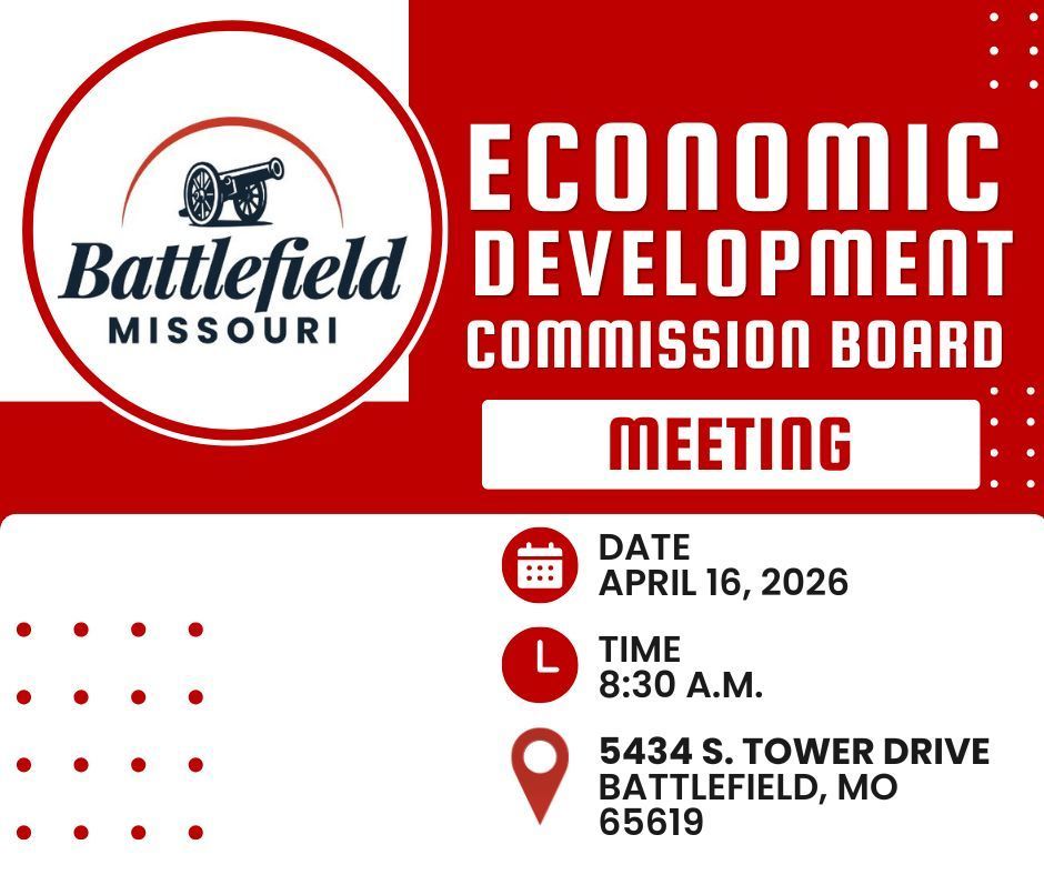 A photo announcing an Economic Development Commission Board Meeting on April 16, 2026.
