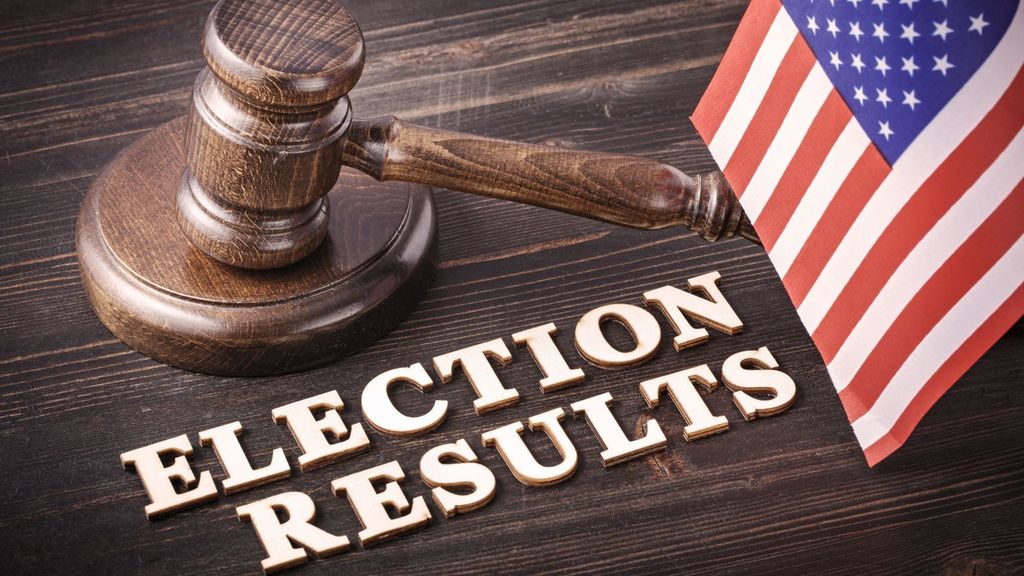 A photo of a gavel and a flag with the words Election Results.