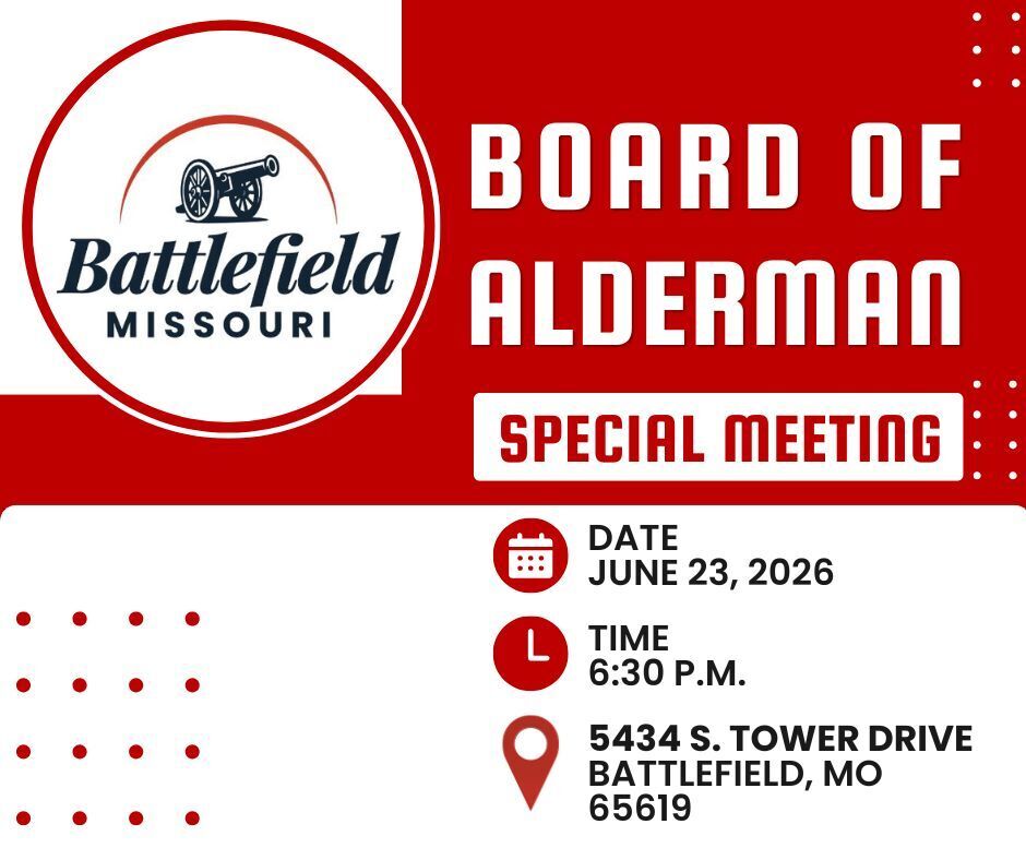 An announcement about the Special Board of Alderman meeting on Tuesday, June 23.