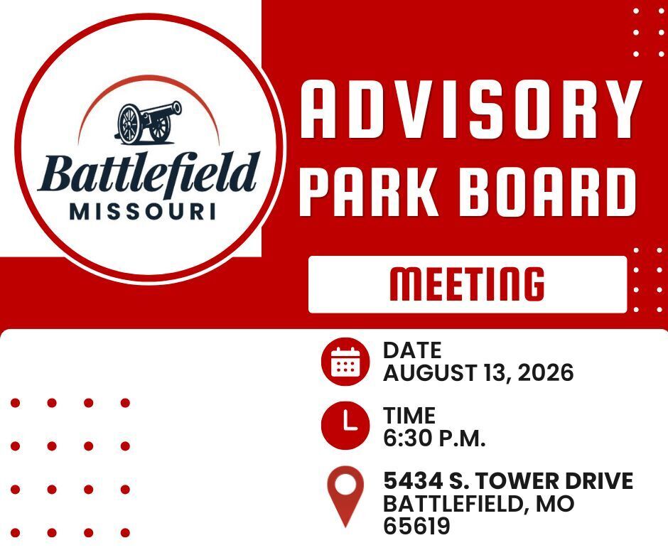 An announcement about the Advisory Park Board Meeting on August 13, 2026.