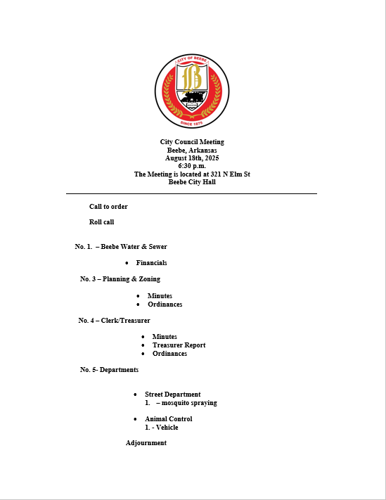 August 18th, 2025 Council Meeting Agenda