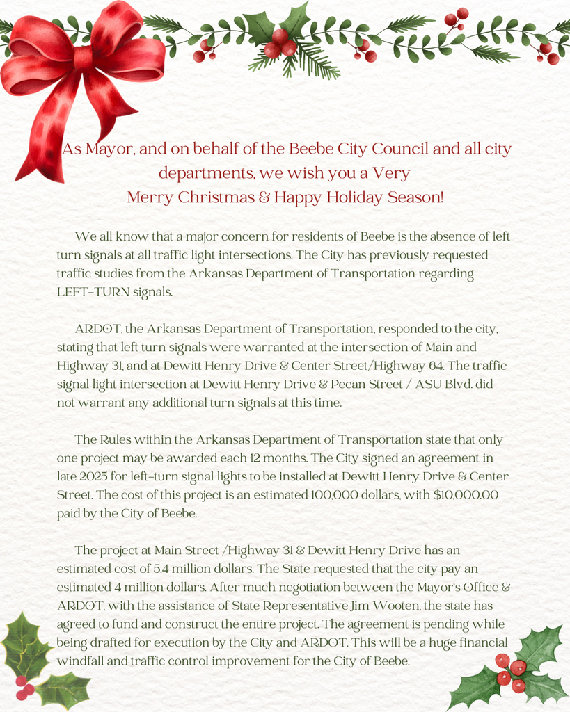 A two page Christmas Letter from the Mayor