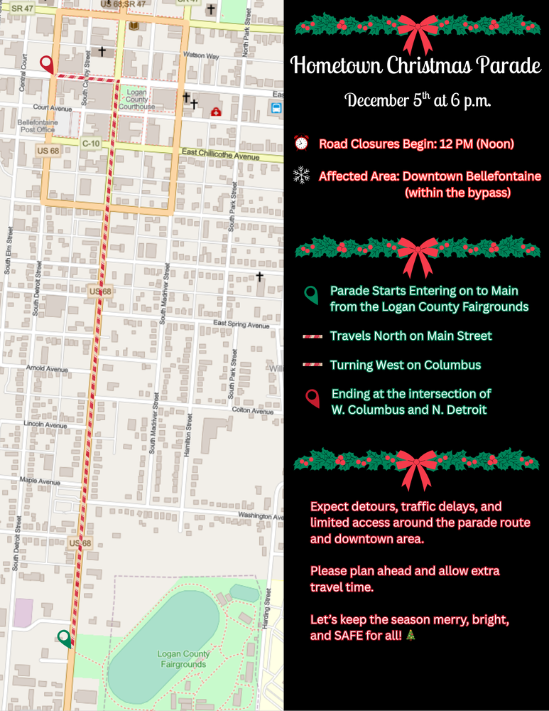 Map of the Hometown Christmas Parade route on December 5th at 6 p.m. in downtown Bellefontaine. Includes road closures and detour details.