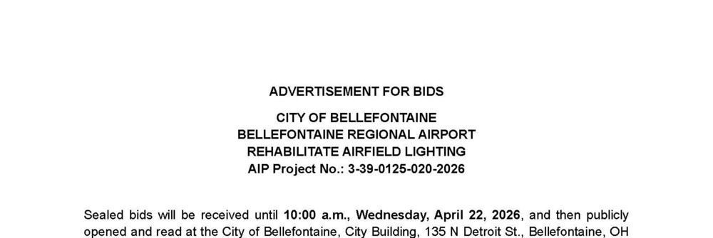 Alt text: "Text document announcing a bid for airfield lighting rehabilitation at Bellefontaine Regional Airport, with a deadline of April 22, 2026, 10 a.m."