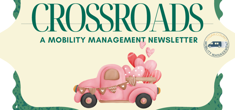 Crossroads newsletter cover featuring a pink vintage truck carrying hearts. Title in bold green above. Emphasizes mobility management theme with a playful tone.