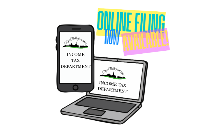 Illustration of a smartphone and laptop showing "City of Bellefontaine Income Tax Department." Text above in bold colors reads "Online Filing Now Available!"