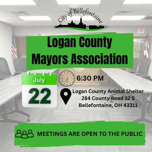 Alt text: "Flyer for Logan County Mayors Association meeting on July 22 at 6:30 PM, held at Logan County Animal Shelter. Meetings are open to the public."