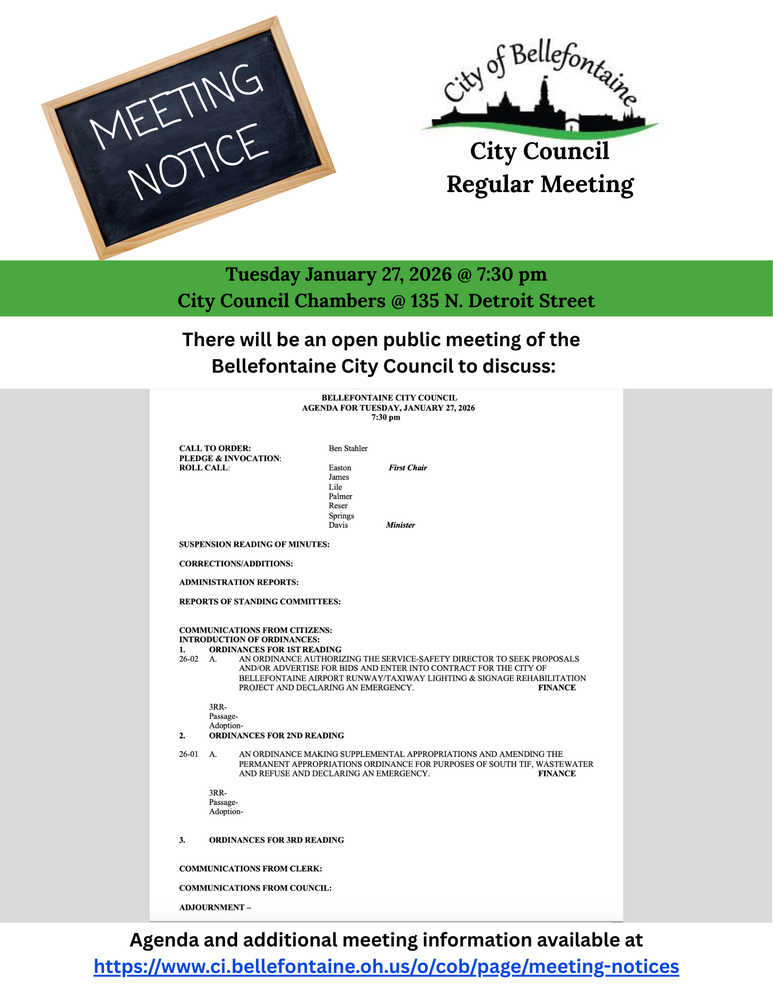 Flyer for the Bellefontaine City Council meeting for January 27th at 7:30 pm