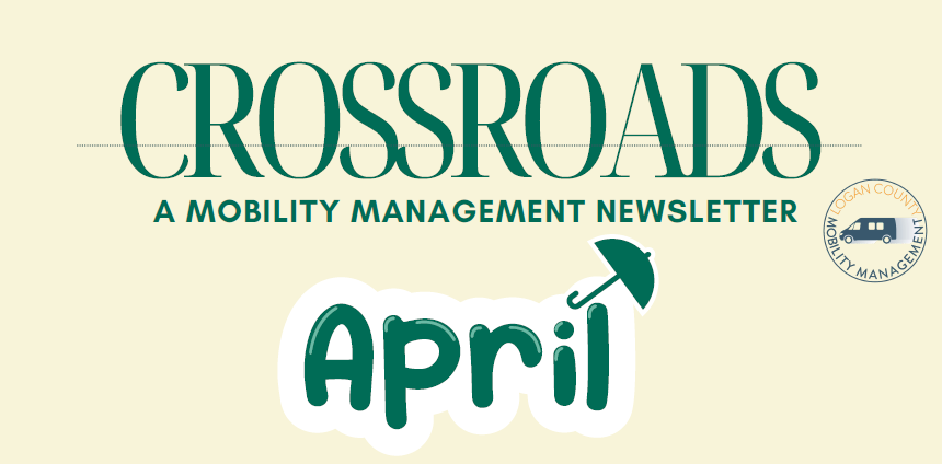 "CROSSROADS newsletter cover with bold text announcing April edition. A small umbrella icon next to 'April' suggests spring. Neutral background."