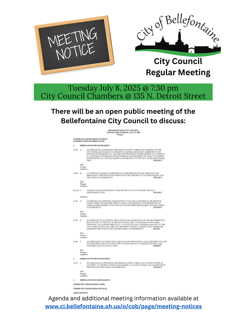 City of Bellefontaine City Council Meeting Notice for July 8, 2025