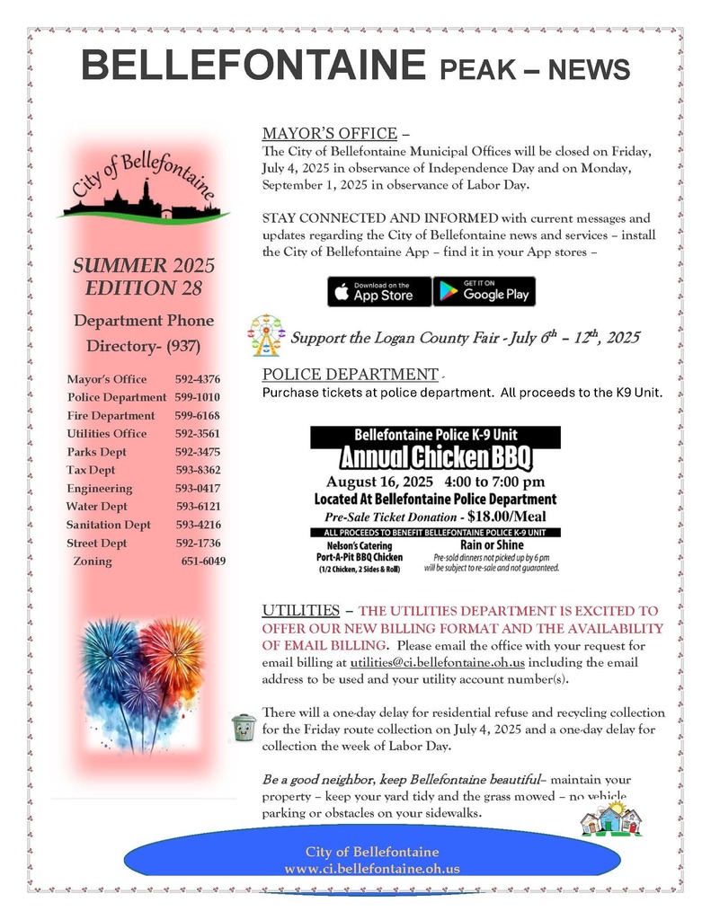 Bellefontaine Peak Newsletter for the month of July 2025. Showing the upcoming City events, trash delays, department directory and other city updates and news.