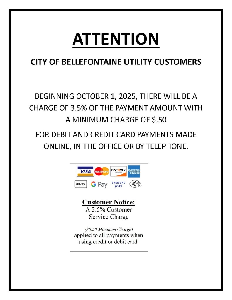 Customer Notice flyer notifying City of Bellefontaine Utility Customers on October 1, 2025 there will be a charge of 3.5% of debit and credit card payments