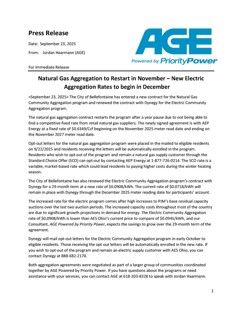 AGE Press Release New Gas Electric Aggregation Rates