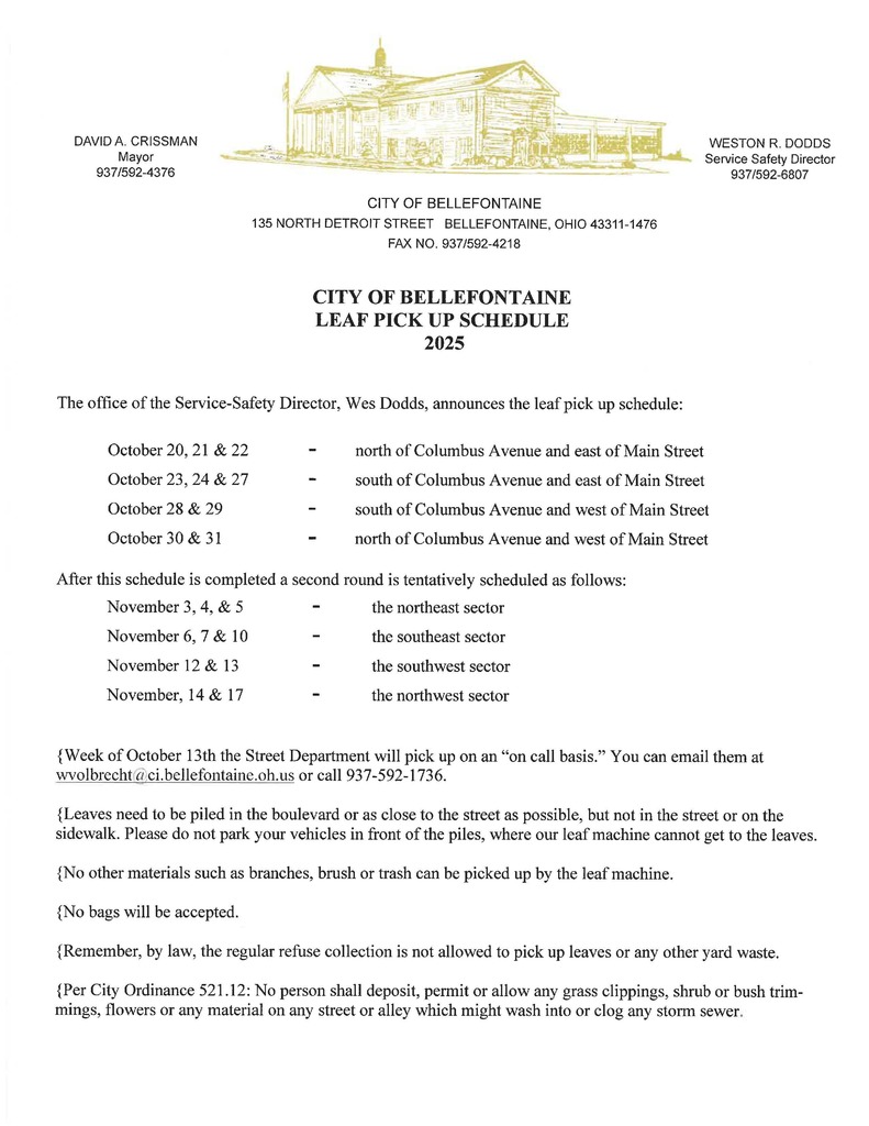 2025 City of Bellefontaine Leaf Pick Up Schedule