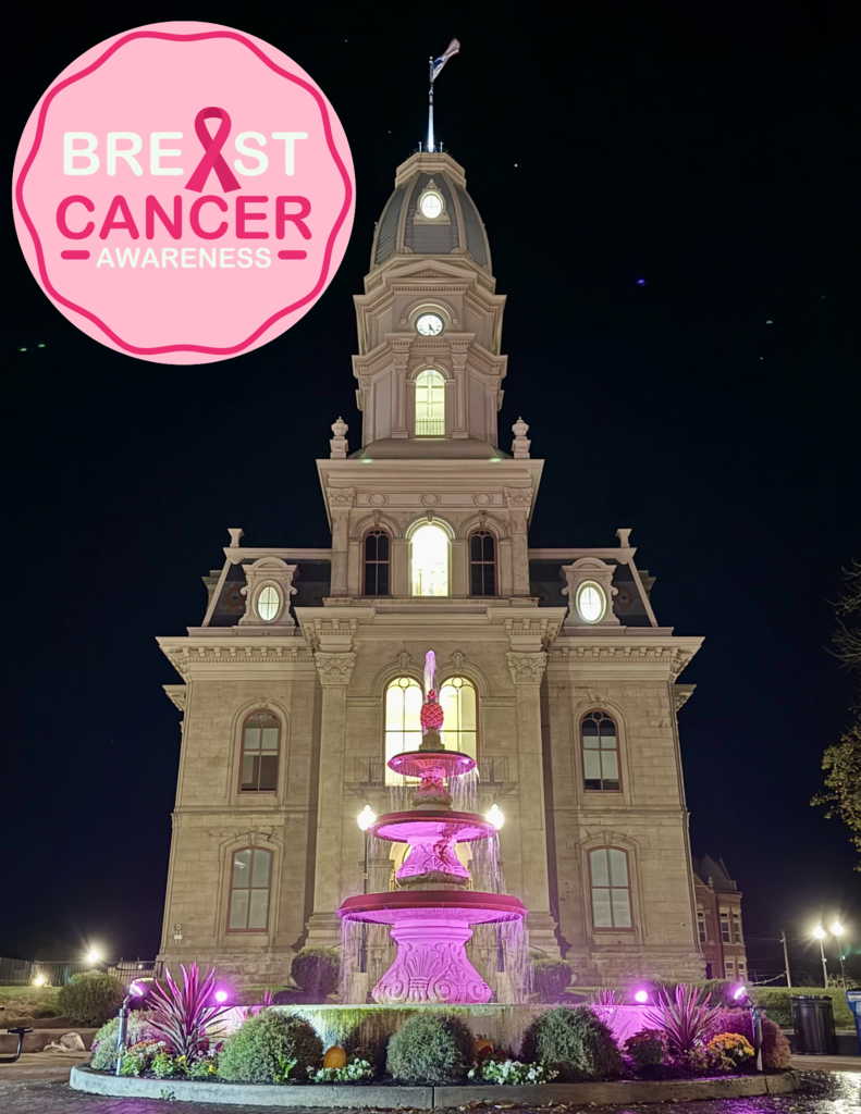 The fountain in downtown Bellefontaine lit with Pink lights in recoginition of Breast Cancer Awareness month