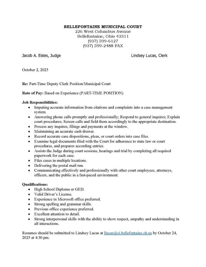 Municipal Court Job Posting for Part time Deputy Clerk
