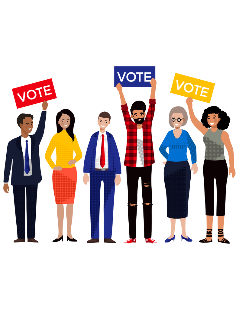 A group of people gathered together holding signs that say "vote" on them. 