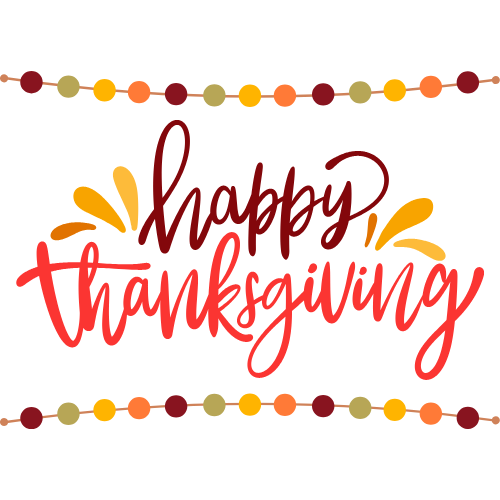 Happy Thanksgiving text on a white background with decorative elements