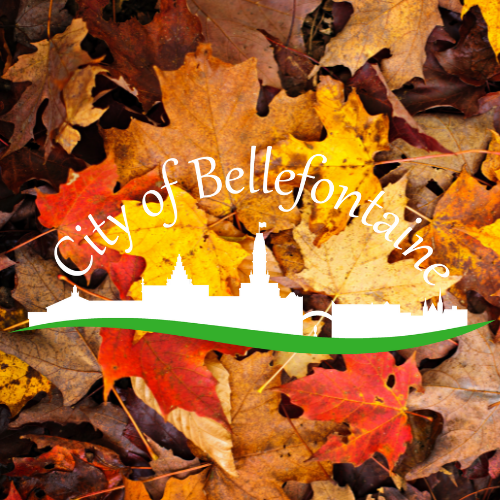City of Bellefontaine Logo in front of a pile of fallen leaves